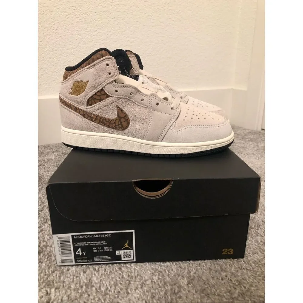 Nike Air Jordan 1 MID SE GS LT Orwood Brown/Metallic Gold Kids Size 4Y